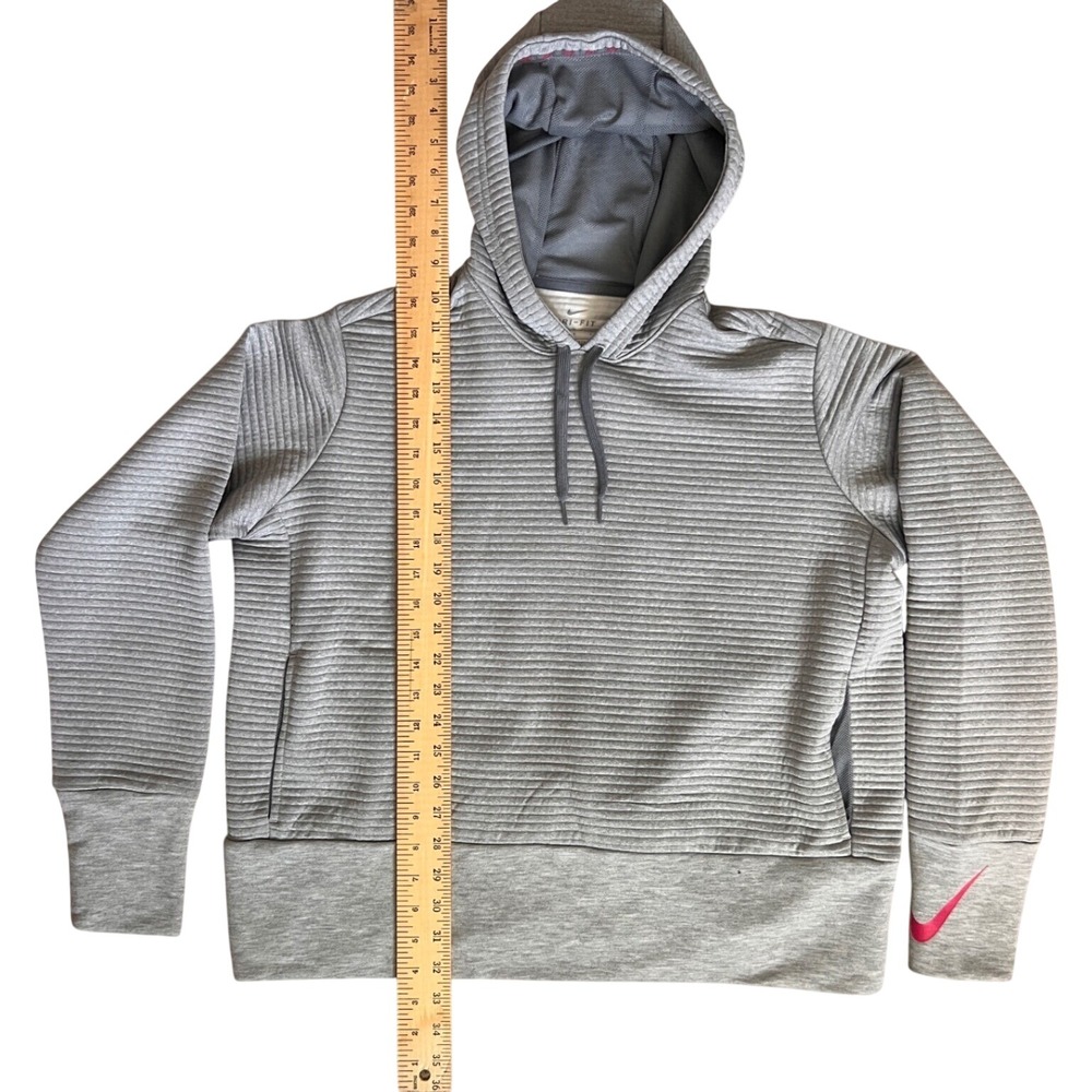 Nike Dri-FIT Women Gray Ribbed Textured Hoodie Sweatshirt Large Pink Swoosh - Picture 5 of 5